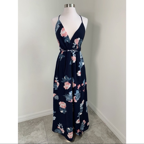 Navy Blue Floral Backless Lace Up Wrap Maxi Dress - Picture 8 of 11